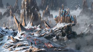 Preview wallpaper castle, building, rocks, snow, snowy, art