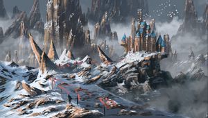 Preview wallpaper castle, building, rocks, snow, snowy, art