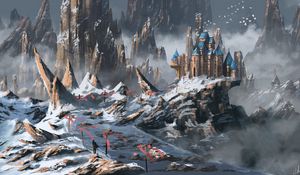 Preview wallpaper castle, building, rocks, snow, snowy, art