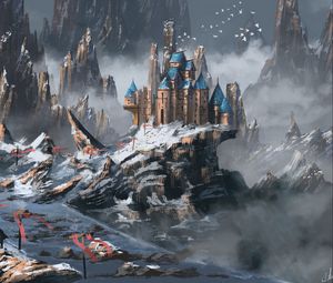 Preview wallpaper castle, building, rocks, snow, snowy, art