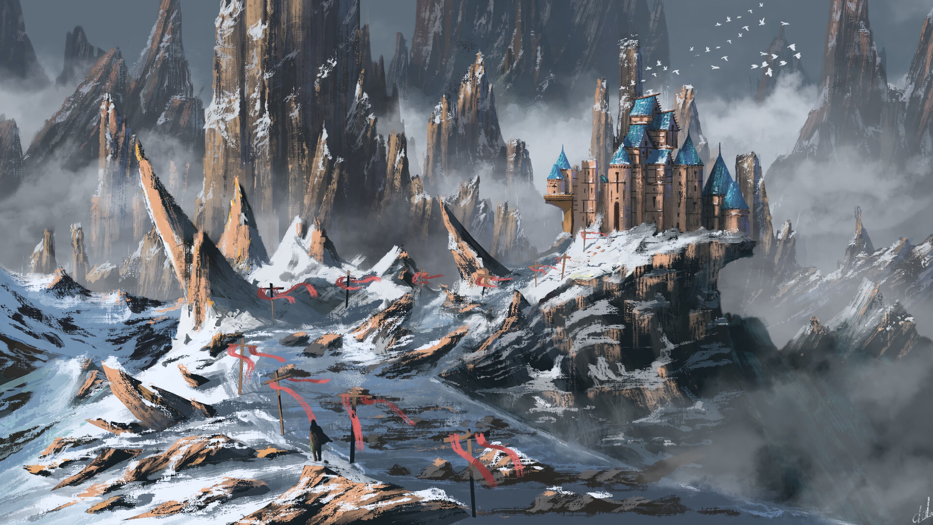 Download wallpaper 3840x2160 castle, building, rocks, snow, snowy, art ...