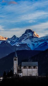 Preview wallpaper castle, building, tower, mountains, snow, snowy