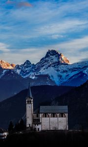 Preview wallpaper castle, building, tower, mountains, snow, snowy