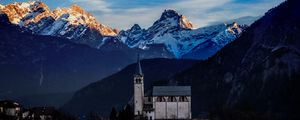 Preview wallpaper castle, building, tower, mountains, snow, snowy