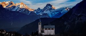 Preview wallpaper castle, building, tower, mountains, snow, snowy