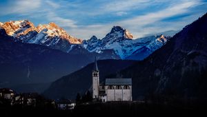 Preview wallpaper castle, building, tower, mountains, snow, snowy