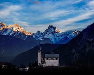 Preview wallpaper castle, building, tower, mountains, snow, snowy