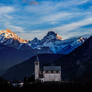 Preview wallpaper castle, building, tower, mountains, snow, snowy