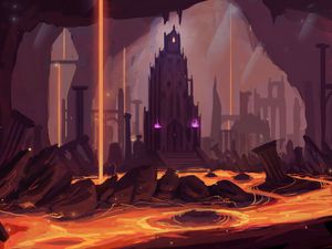 Preview wallpaper castle, building, tower, lava, fantasy, art