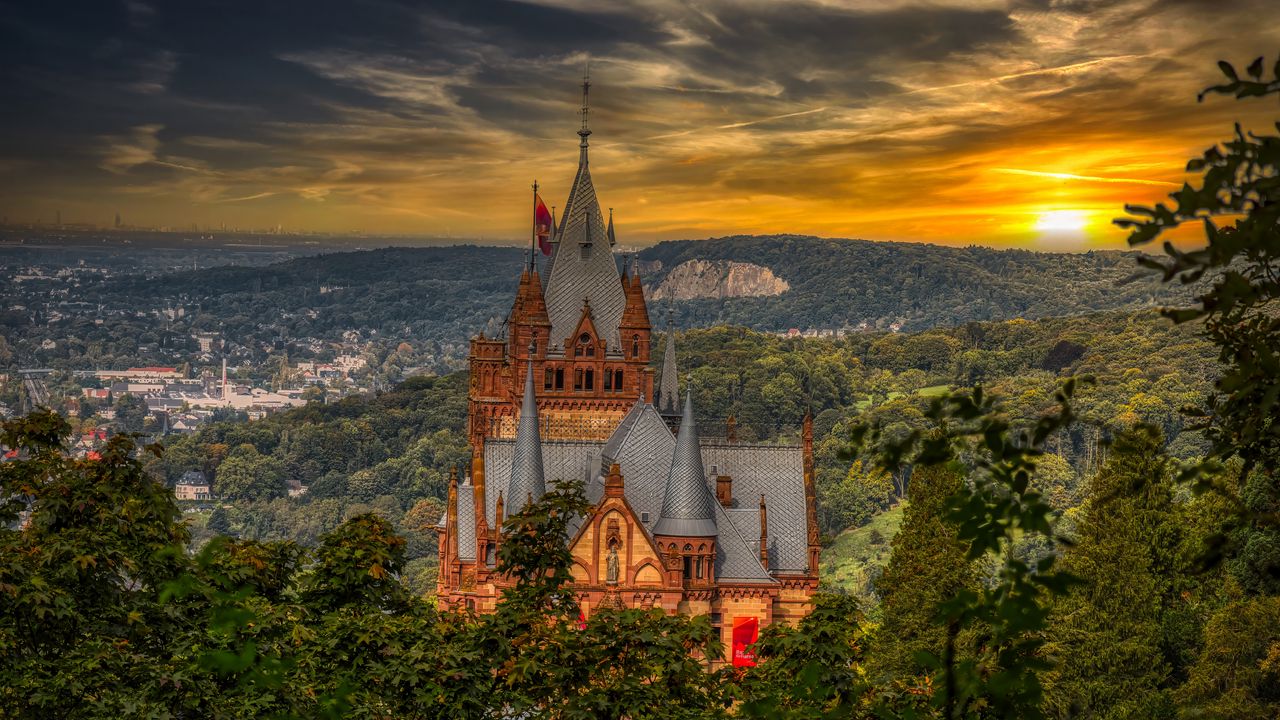 Wallpaper castle, building, trees, sunset