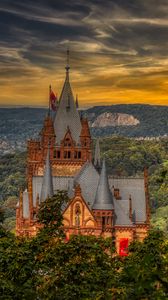 Preview wallpaper castle, building, trees, sunset