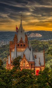 Preview wallpaper castle, building, trees, sunset