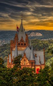 Preview wallpaper castle, building, trees, sunset