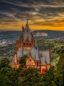 Preview wallpaper castle, building, trees, sunset