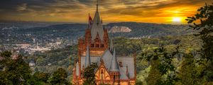 Preview wallpaper castle, building, trees, sunset