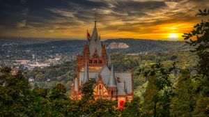 Preview wallpaper castle, building, trees, sunset