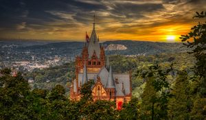 Preview wallpaper castle, building, trees, sunset