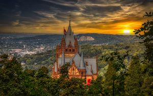 Preview wallpaper castle, building, trees, sunset