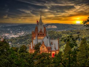 Preview wallpaper castle, building, trees, sunset