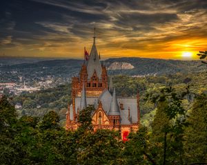 Preview wallpaper castle, building, trees, sunset