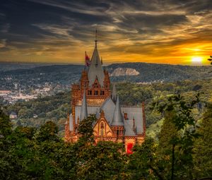 Preview wallpaper castle, building, trees, sunset