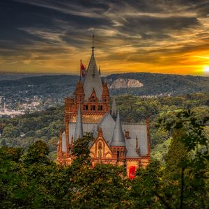 Preview wallpaper castle, building, trees, sunset