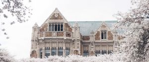 Preview wallpaper castle, building, trees, flowers, white