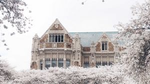 Preview wallpaper castle, building, trees, flowers, white