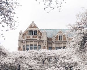 Preview wallpaper castle, building, trees, flowers, white