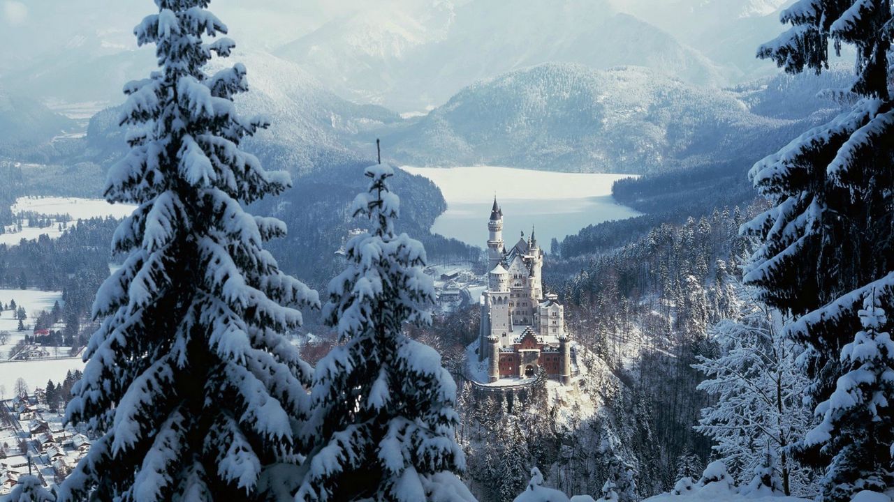 Wallpaper castle, city, sky, forest, winter, snow