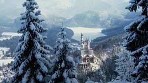 Preview wallpaper castle, city, sky, forest, winter, snow