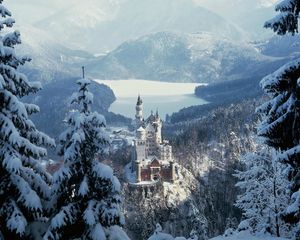 Preview wallpaper castle, city, sky, forest, winter, snow