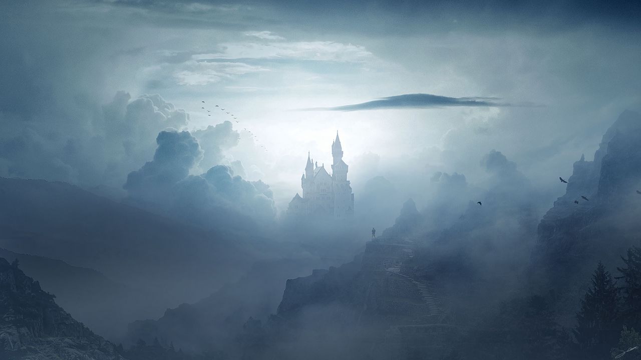 Wallpaper castle, clouds, fog, mountains, art