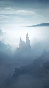 Preview wallpaper castle, clouds, fog, mountains, art