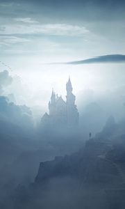 Preview wallpaper castle, clouds, fog, mountains, art