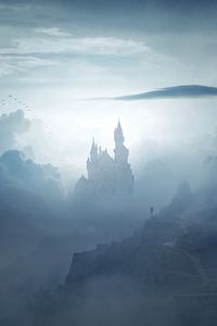 Preview wallpaper castle, clouds, fog, mountains, art