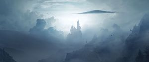 Preview wallpaper castle, clouds, fog, mountains, art