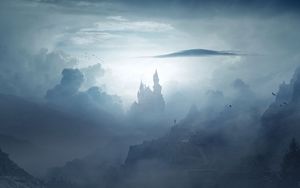 Preview wallpaper castle, clouds, fog, mountains, art