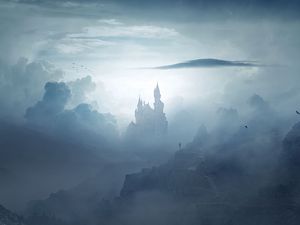 Preview wallpaper castle, clouds, fog, mountains, art
