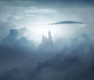 Preview wallpaper castle, clouds, fog, mountains, art