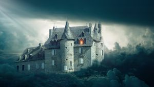 Preview wallpaper castle, clouds, gloomy, mystical
