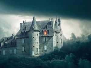 Preview wallpaper castle, clouds, gloomy, mystical