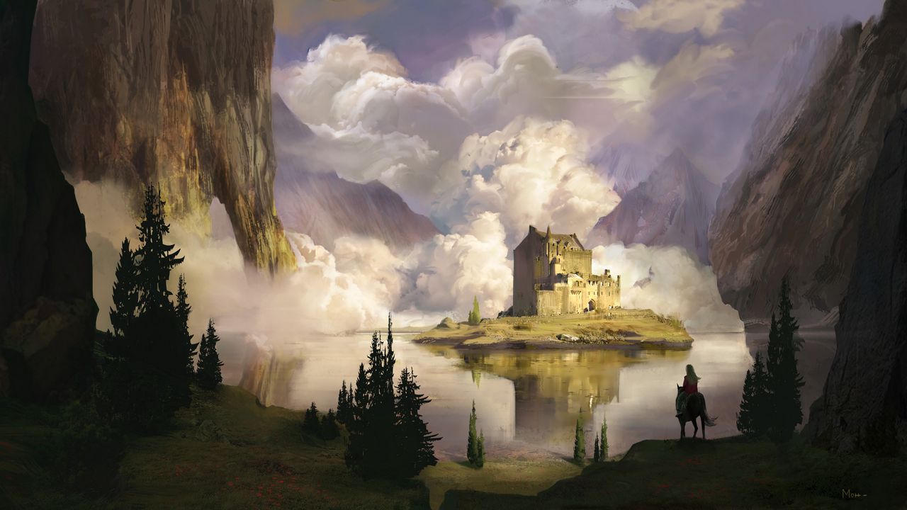 Wallpaper castle, clouds, lake, art