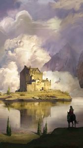 Preview wallpaper castle, clouds, lake, art
