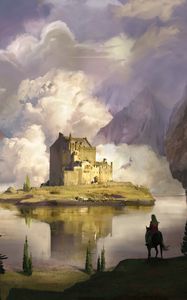 Preview wallpaper castle, clouds, lake, art