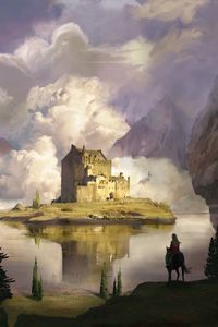 Preview wallpaper castle, clouds, lake, art
