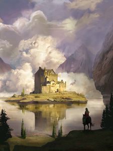 Preview wallpaper castle, clouds, lake, art
