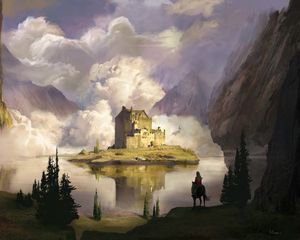 Preview wallpaper castle, clouds, lake, art