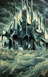 Preview wallpaper castle, clouds, sea, waves, art, gray