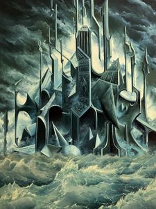 Preview wallpaper castle, clouds, sea, waves, art, gray
